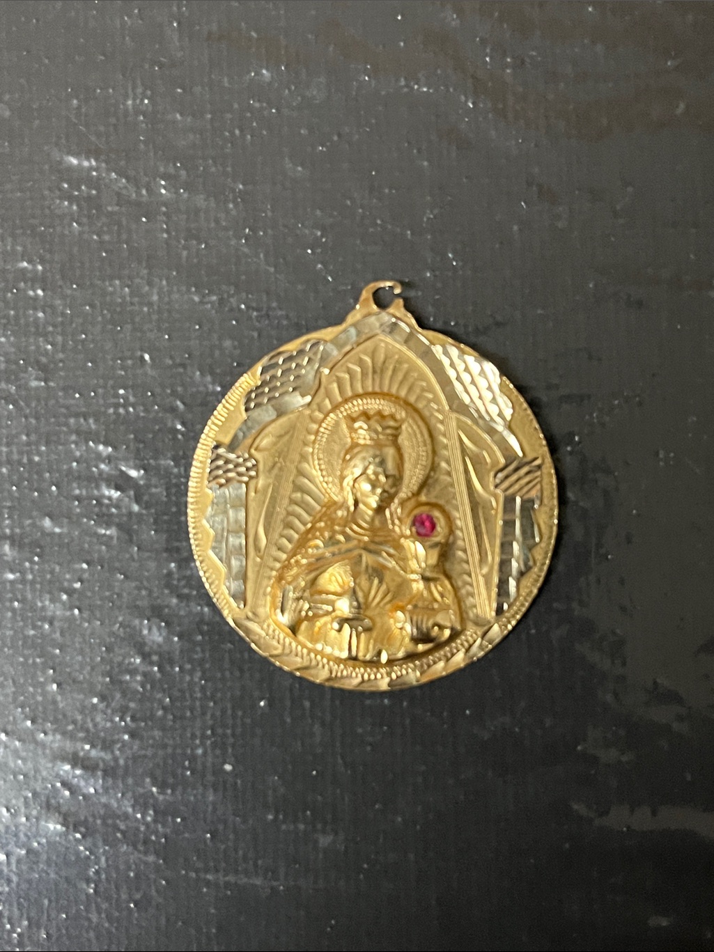 Santa Barbara 14 Karat Gold Religious Medallion Pendant Ruby 3.8 Penny Weights